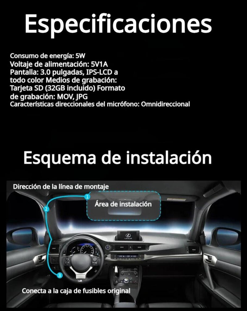 Cámara Grabadora HD Wifi para carro (Cámara Frontal, Interna y trasera)